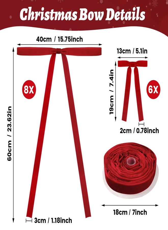 LLWAN 14 Pcs Red Velvet Bows Ornaments for Christmas Tree, Staircase, Fireplace, Wreath, Garland, Swag, Door (15 * 24 inch,8 Pieces and 7 * 5 inch,6 Pieces) - Image 5